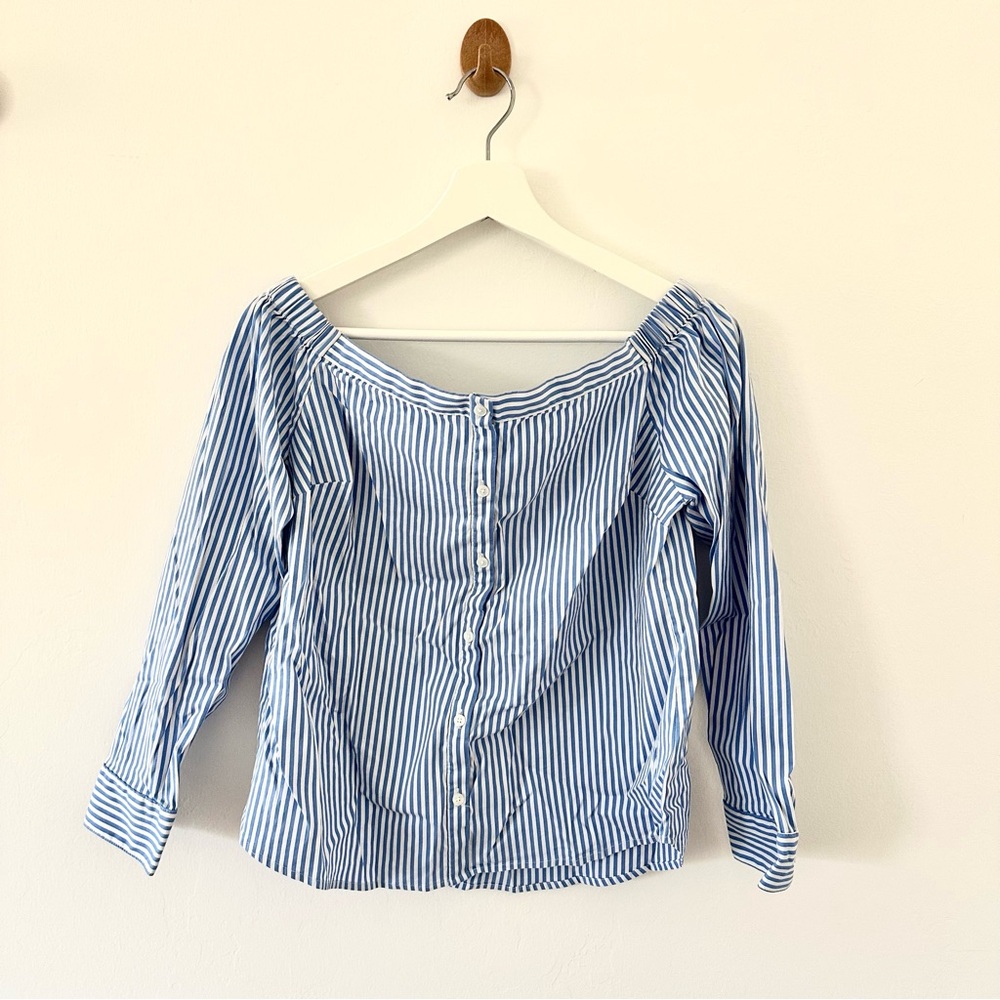 Express Off-Shoulder Blue Striped Shirt